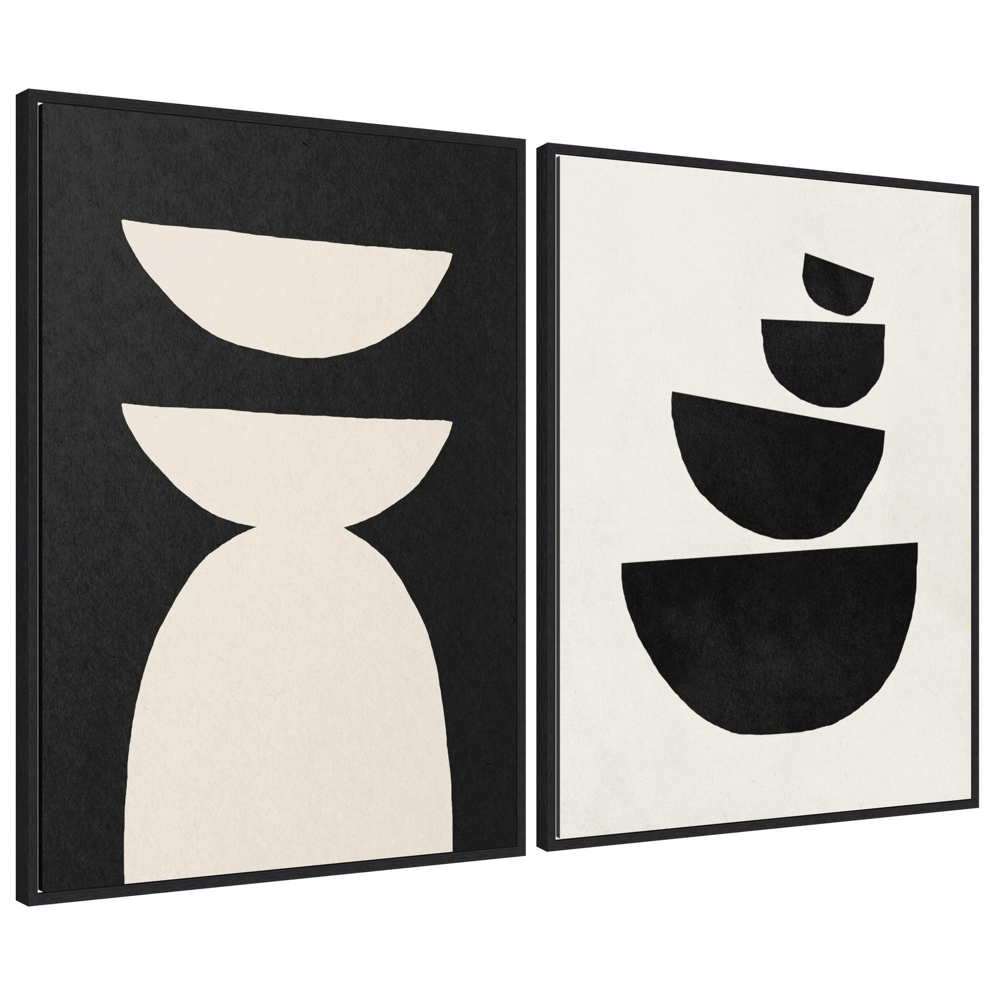 Sylvie White Geometric Abstract and Black Geometric Abstract framed canvas art set displayed on a wall