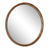 Round wall mirror with a medium brown segmented wooden frame featuring smooth grain patterns and a simple, clean design.