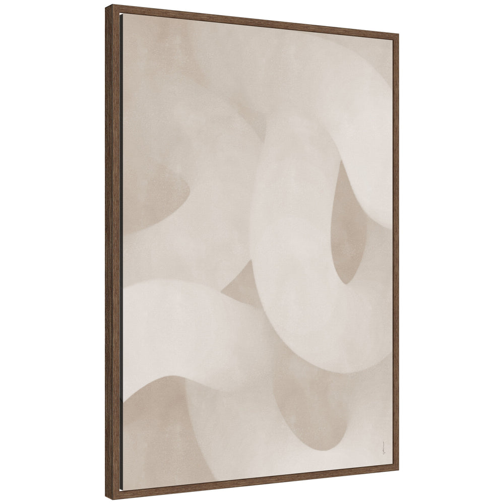 Framed canvas wall art print titled Organic Movement by Gabrielly Guedes showing contemporary organic shapes in warm tones, framed in walnut brown Sylvie moulding.