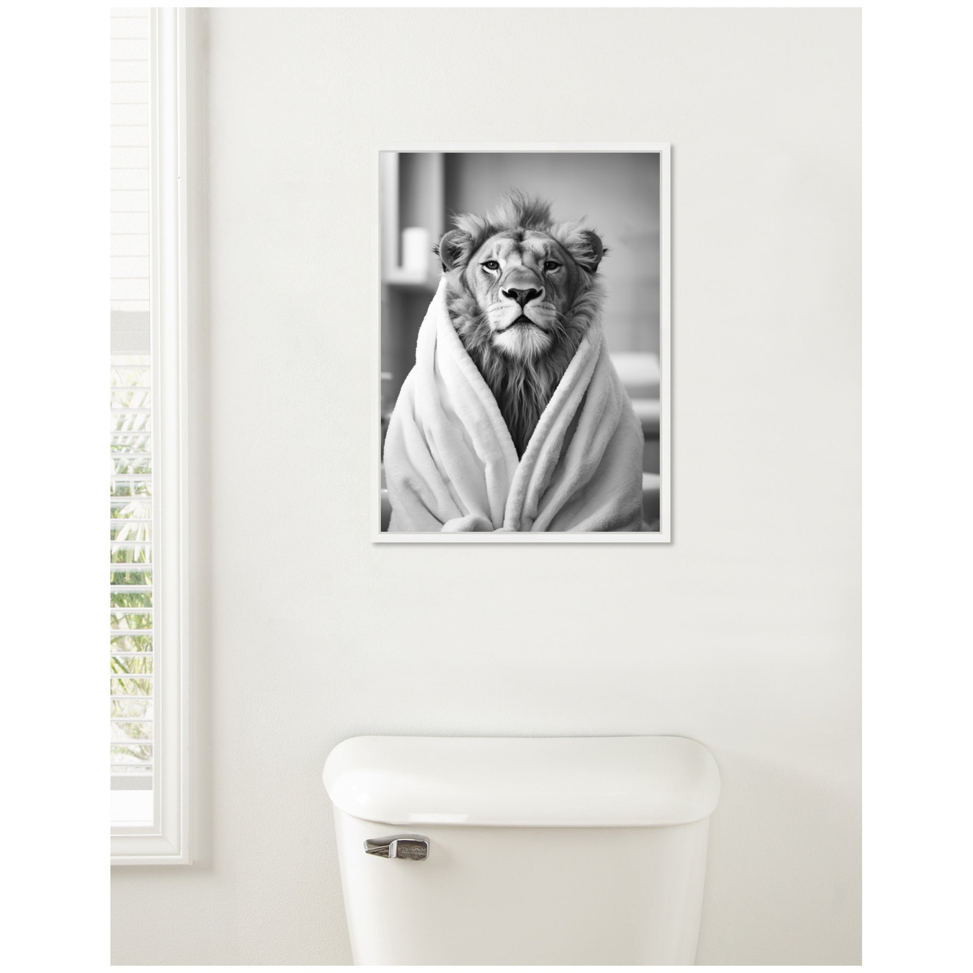 Sylvie Lion Bathroom Art Towel Robe Black and White Framed Canvas