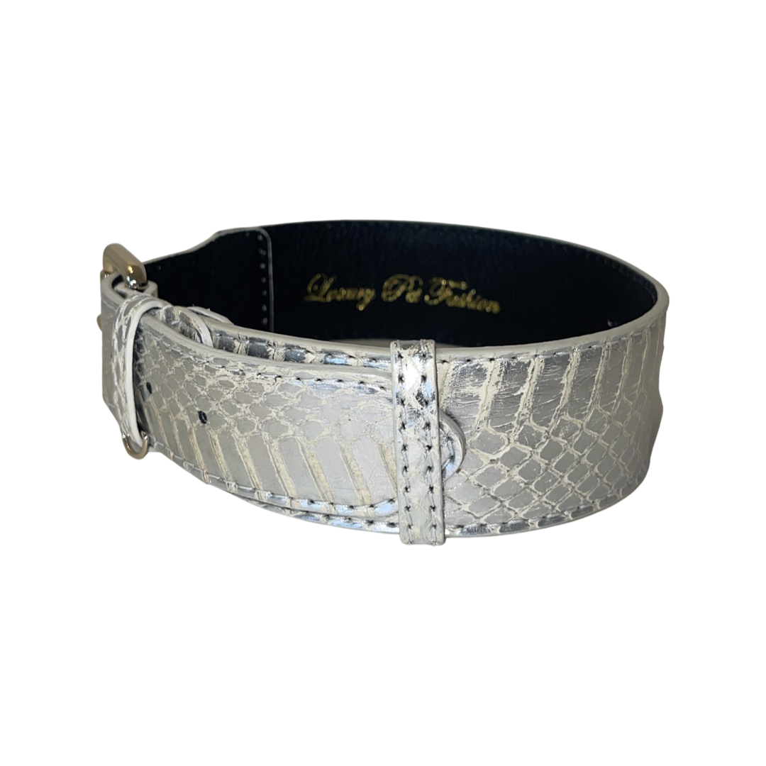 Silver snake-patterned pet collar with gold buckle and classic hardware, shown against a white background.