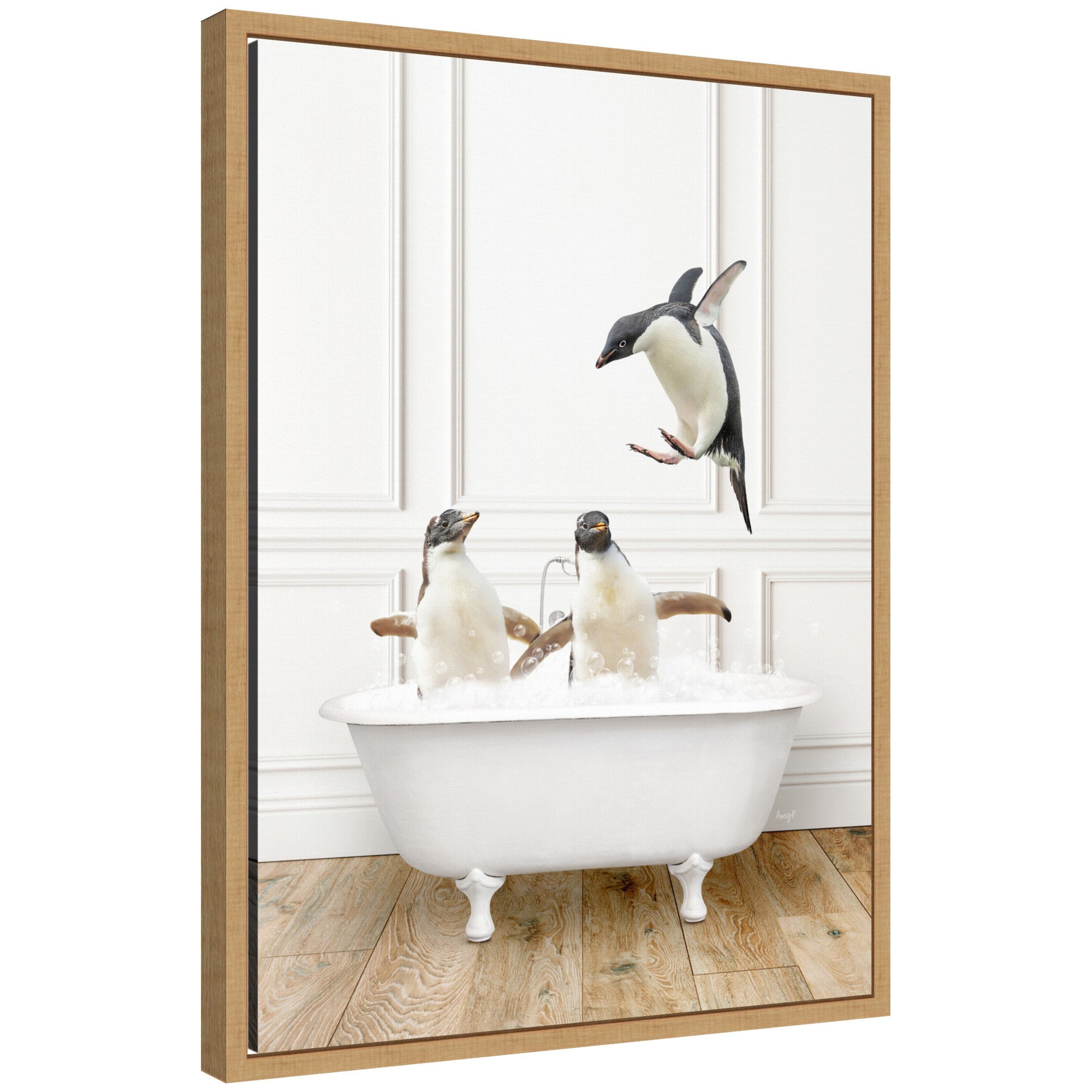 Sylvie Penguins in Traditional Vintage Bathtub framed canvas art by Amy Peterson showing penguins bathing