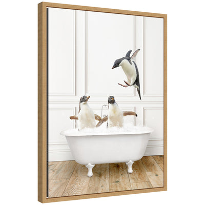 Sylvie Penguins in Traditional Vintage Bathtub framed canvas art by Amy Peterson showing penguins bathing