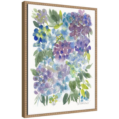 Sylvie Watercolor Purple Hydrafloral framed canvas art featuring purple floral abstract design with vintage beaded frame