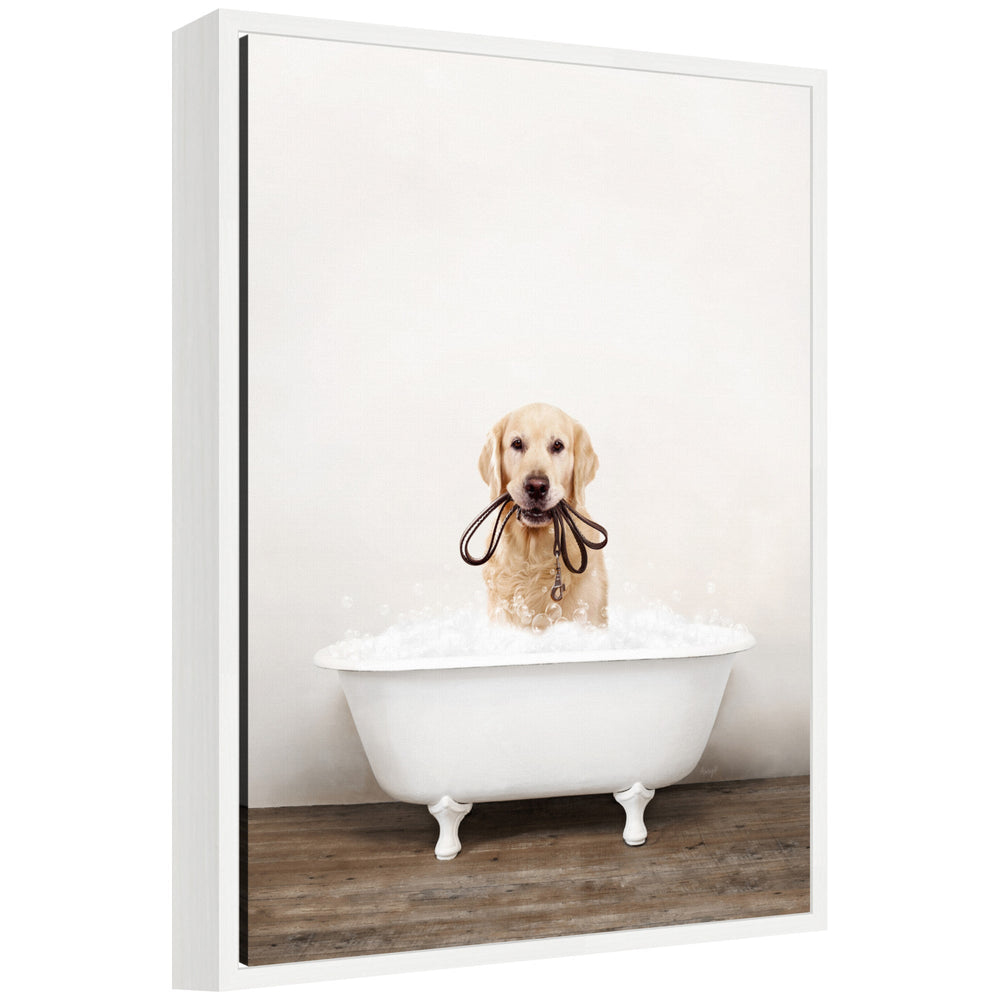 Framed canvas art of a golden retriever in rustic bath style by Amy Peterson