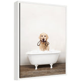 Framed canvas art of a golden retriever in rustic bath style by Amy Peterson