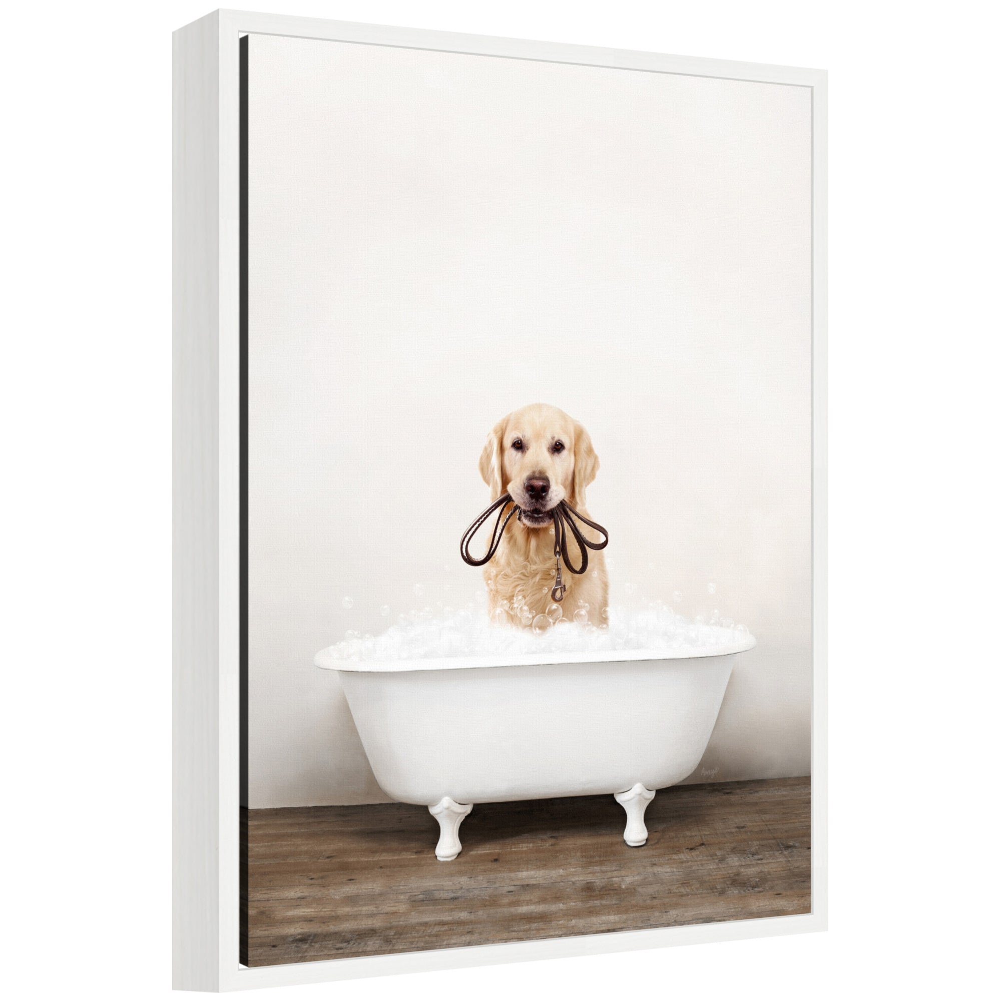 Framed canvas art of a golden retriever in rustic bath style by Amy Peterson