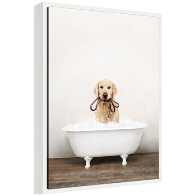 Framed canvas art of a golden retriever in rustic bath style by Amy Peterson