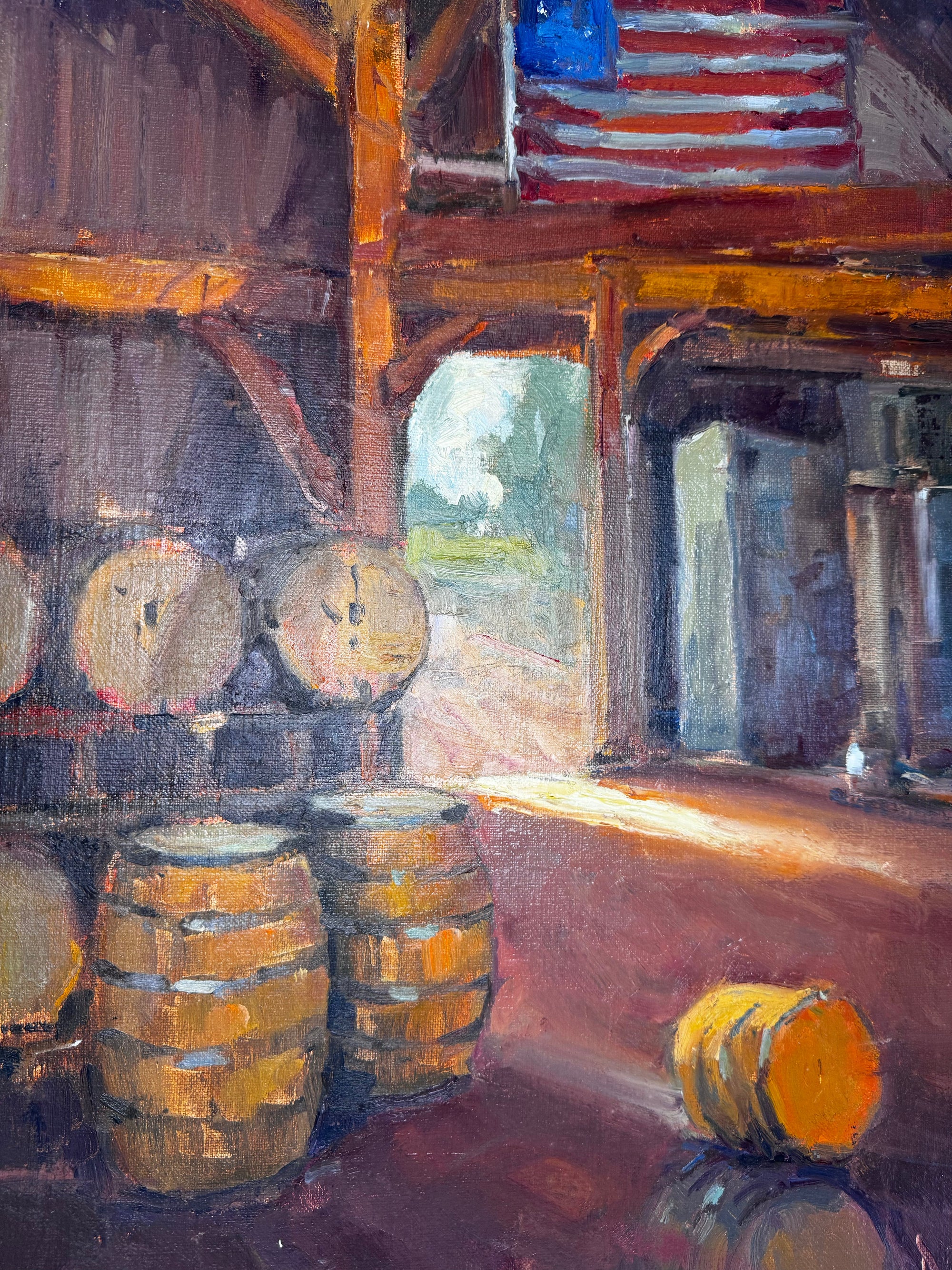 Artwork titled 'Forty Six' by John Beard Collection showing a representational coastal landscape in muted tones, sized 16x20 and painted on board