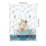 Illustration of a mother polar bear and her cub cuddling while sitting in a blue clawfoot bathtub against a white wall with pale blue sea-themed patterns.