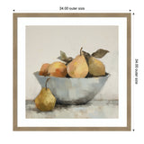 Still life painting featuring a gray bowl filled with pears and oranges, with one pear placed outside the bowl on a textured surface, framed in light wood.