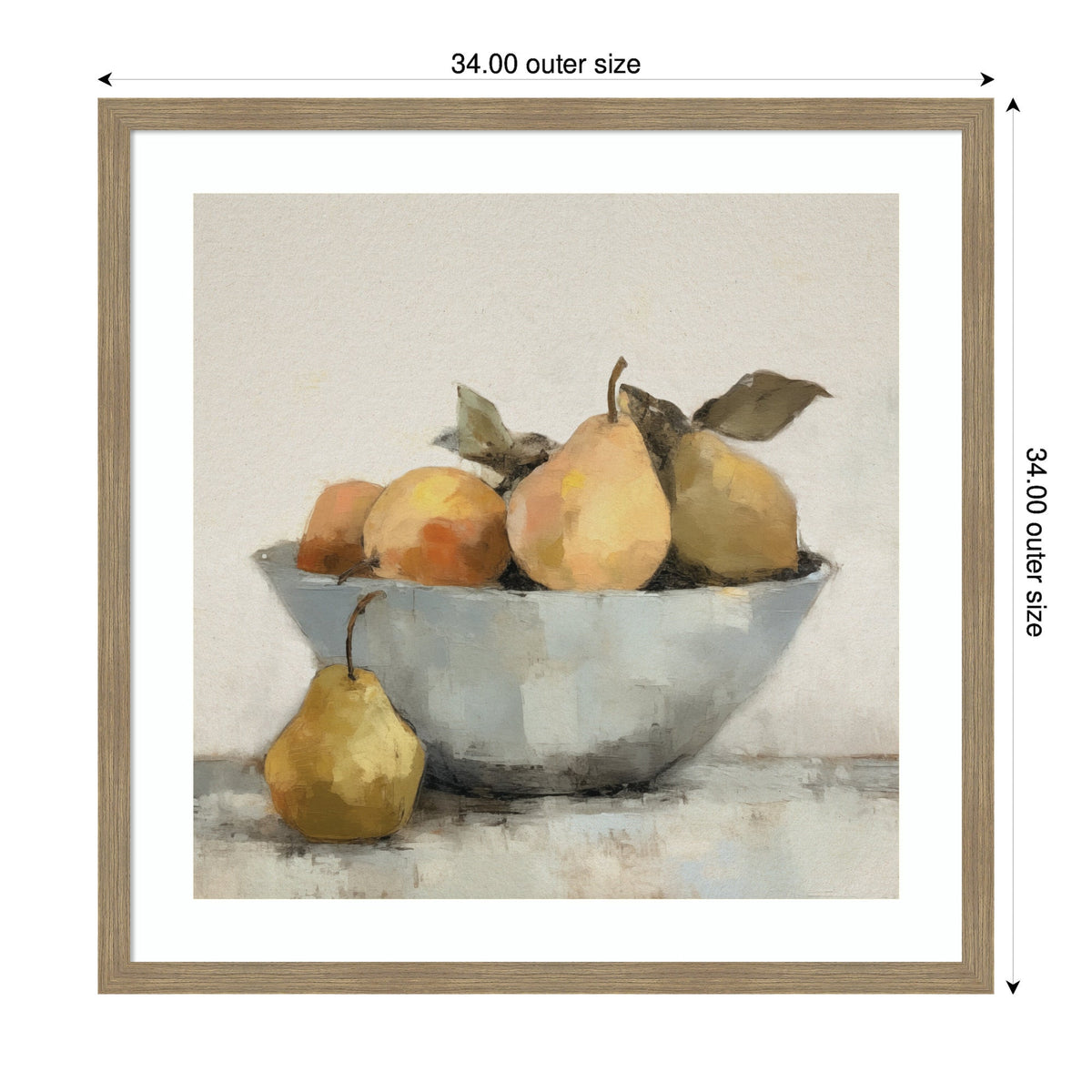 Still life painting featuring a gray bowl filled with pears and oranges, with one pear placed outside the bowl on a textured surface, framed in light wood.