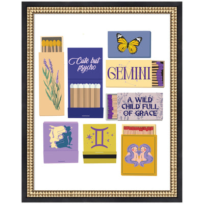 Framed Gemini Matchbooks 14x18 FC wall art print showing stylized illustration under crystal-clear acrylic in black moulding frame