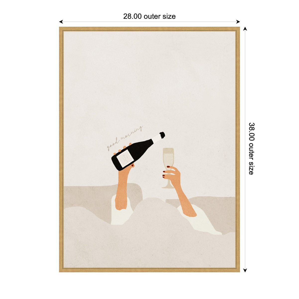Minimalist art print of two raised arms holding a black champagne bottle and a filled glass, with handwritten 'good morning' text and neutral beige background.