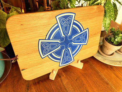 Handmade Celtic Cross charcuterie board in white oak with white on blue resin inlay