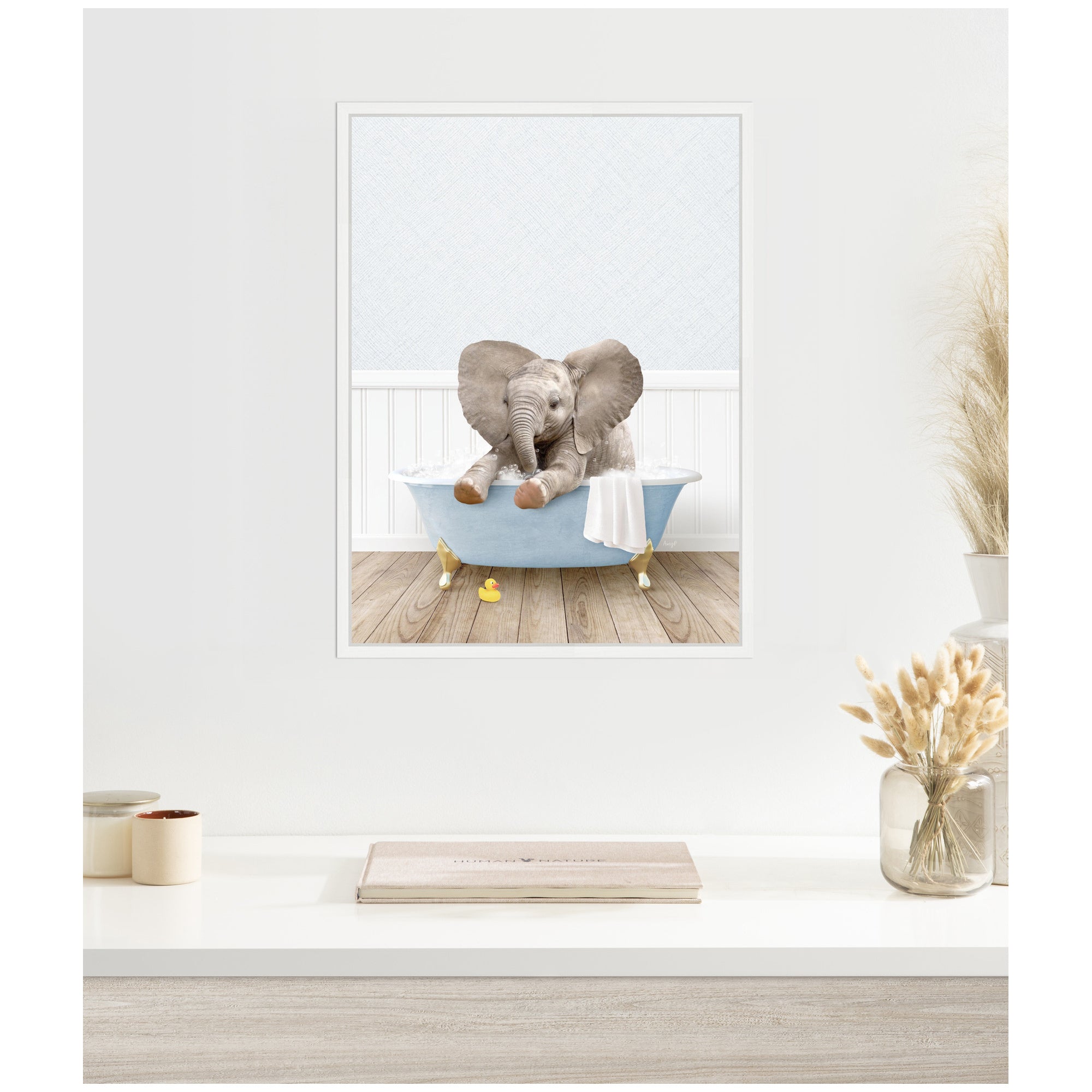 Sylvie Baby Elephant 6 in Cottage Blue Bathtub Framed Canvas by Amy Peterson