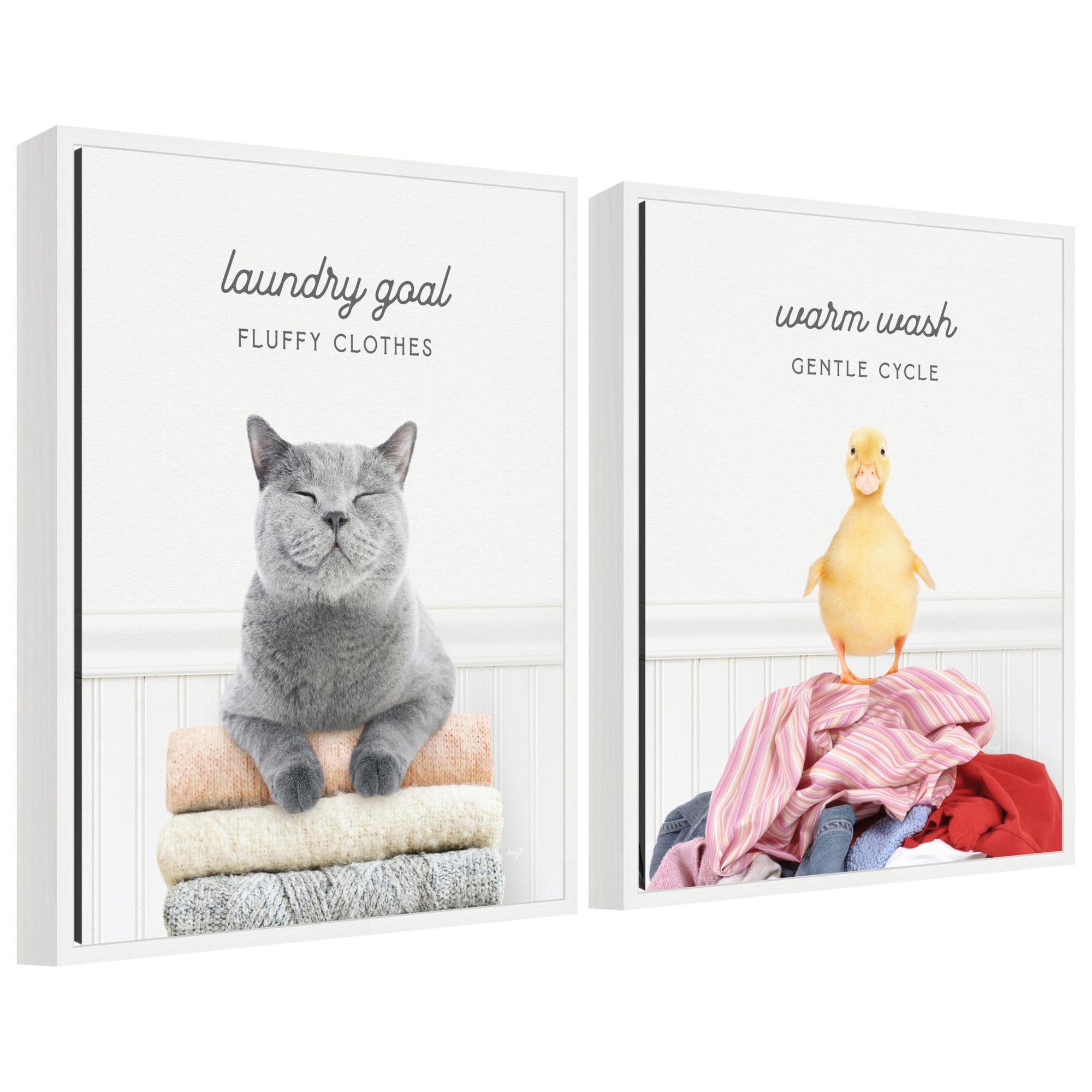 Framed canvas art set showing "Sylvie Cat Laundry Goals" and "Ducky Gentle Cycle" animal illustrations.