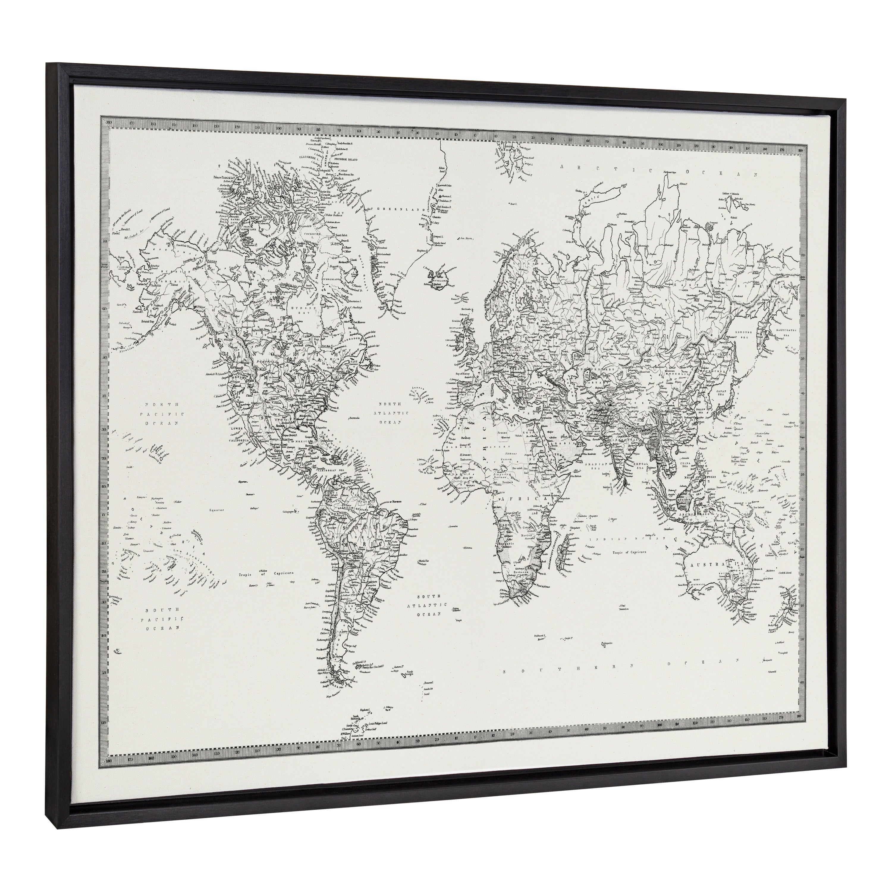 Sylvie Vintage Black and White World Map Framed Canvas by The Creative