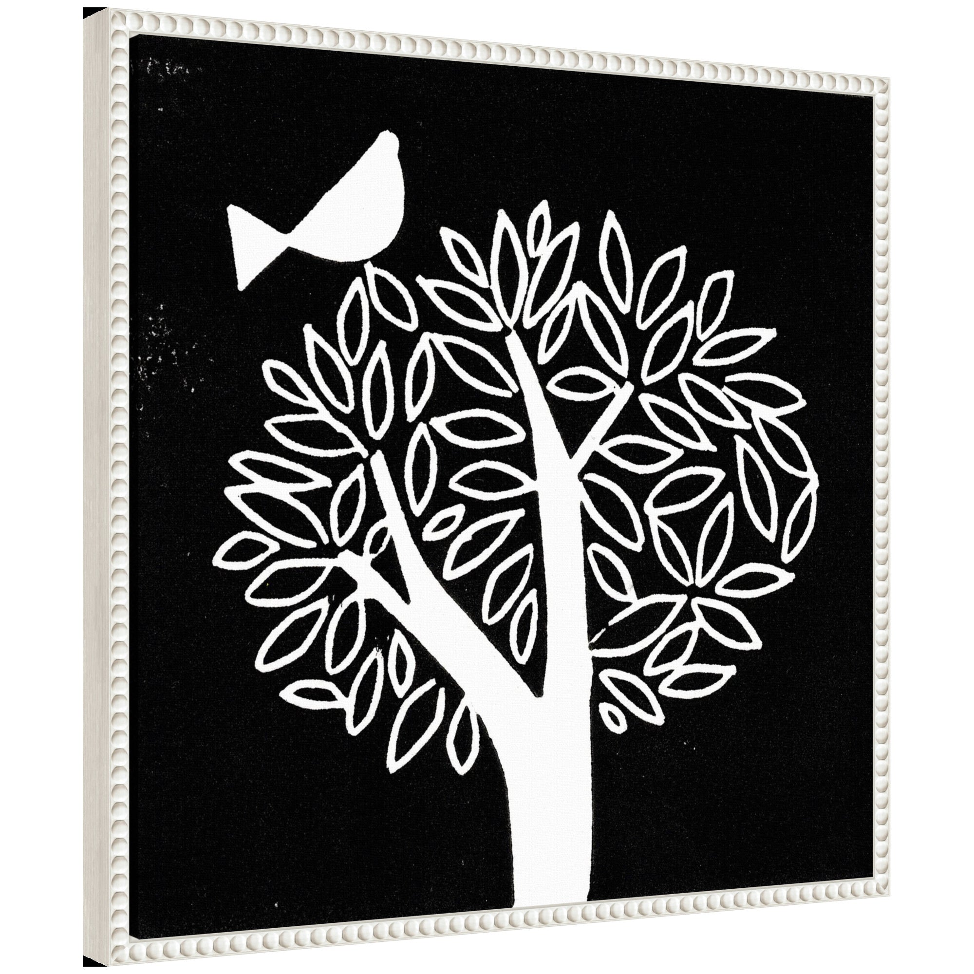 Sylvie Black and White Bird Tree Linocut Framed Canvas with vintage beaded frame