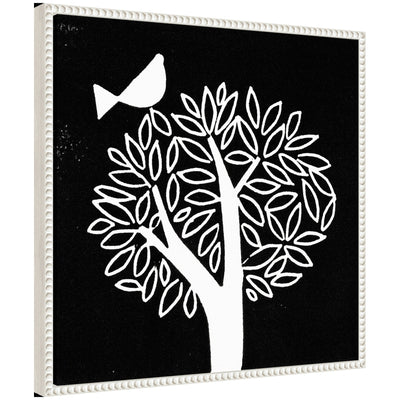 Sylvie Black and White Bird Tree Linocut Framed Canvas with vintage beaded frame