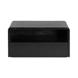Minimalist black floating side table with a rectangular open shelf above a single drawer, featuring rounded top edges and a matte finish.