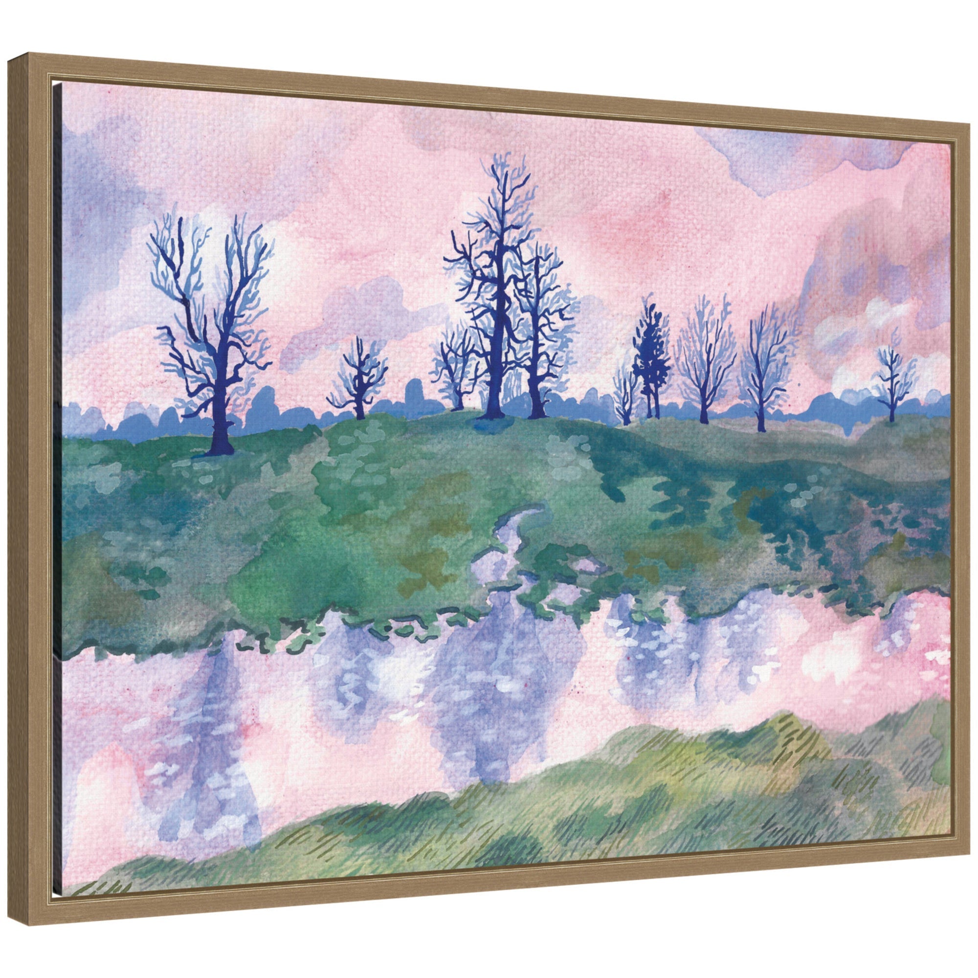 Framed canvas wall art print titled Lonely Oaks by Lucia Gianello showing rustic oak trees in muted tones.