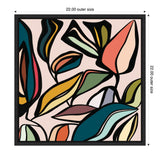 Abstract framed canvas wall art featuring bold black-lined colorful leaf shapes in olive, teal, orange, and mustard on a pale pink background, sized 22x22 inches.