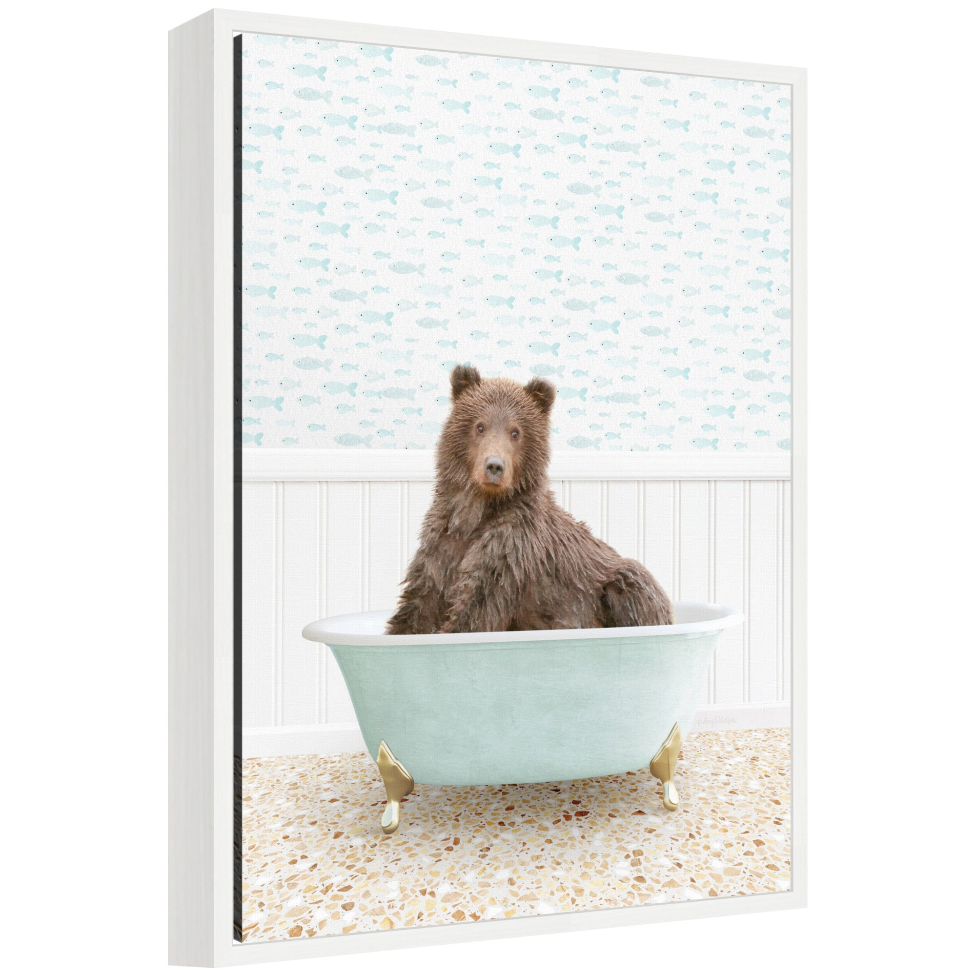 Framed floating canvas art depicting Sylvie Bear bathing in a little fish-shaped tub by Amy Peterson