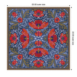 Square framed canvas print featuring a symmetrical kaleidoscope pattern of bright red poppies, light blue vines, and gold leaves on a deep blue background.