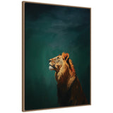 Side profile of a lion with a golden mane set against a dark blue and teal green abstract background on a framed canvas print.
