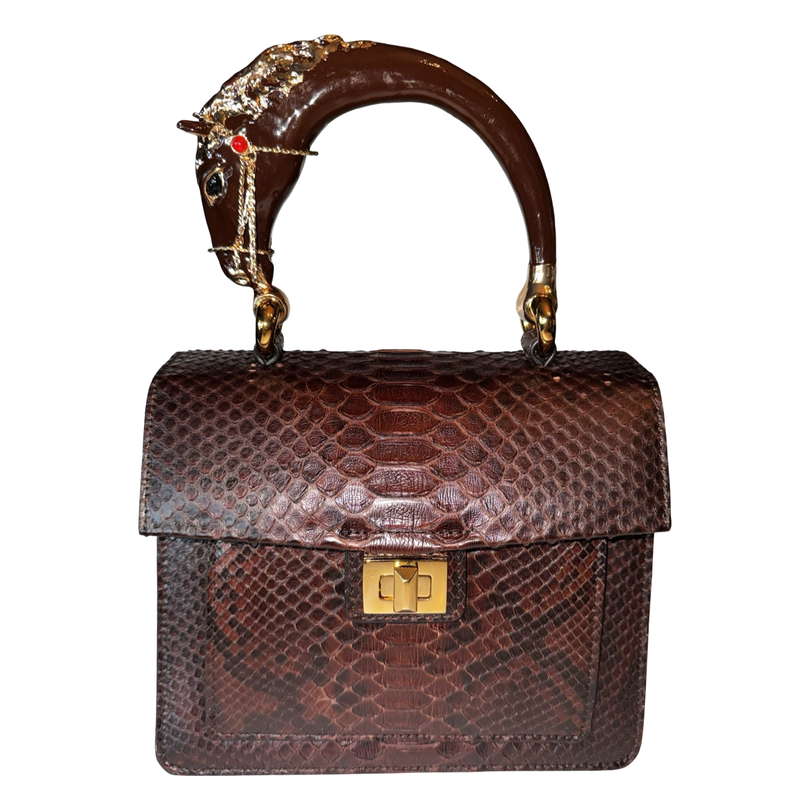 Sienna Horse Handle Handbag Authentic Multi-Toned Brown Python by Allysa Payne Beverly Hills - main product image for Resin Society