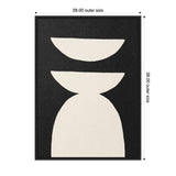 Black framed canvas with white geometric shapes: a semicircle on top and a combined trapezoid and arch shape below, positioned against a black background.
