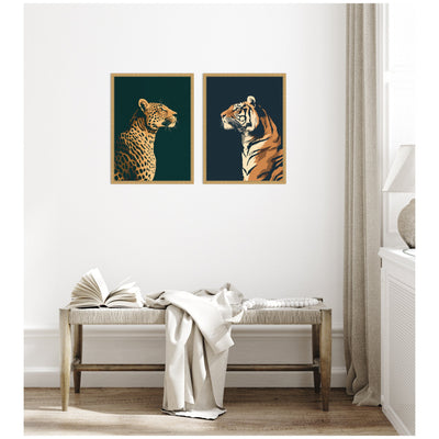 Gold Emerald Leopard Navy Tiger 2 Piece Framed Canvas Wall Art Set by The Creative Bunch Studio