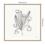 Minimalist black line drawing of a floral bouquet with elongated leaves and five simple flowers on a white background, framed in light wood.