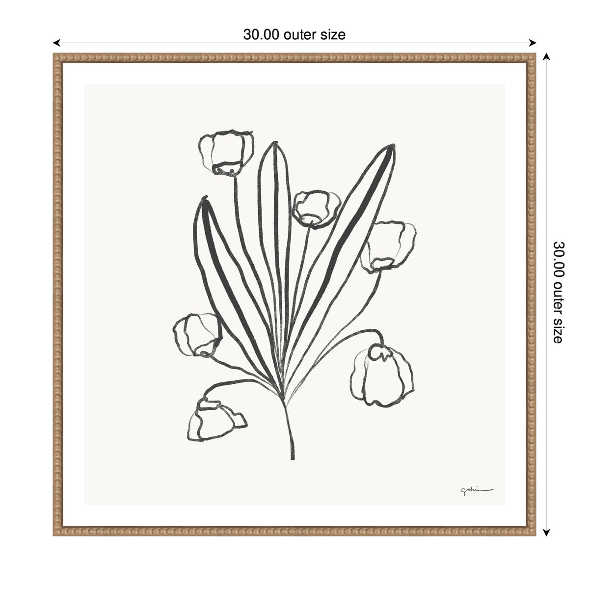 Minimalist black line drawing of a floral bouquet with elongated leaves and five simple flowers on a white background, framed in light wood.