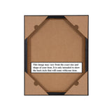 Back side of a rectangular photo frame with brown paper corner supports and a label noting size and shape may vary.