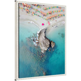 Sylvie Monterosso 7 framed canvas artwork showing a beach scene, with a vintage beaded polystyrene frame