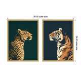Two framed canvas prints side by side, one showing a gold-hued leopard profile on emerald green background, the other a similarly styled tiger profile on navy blue background.