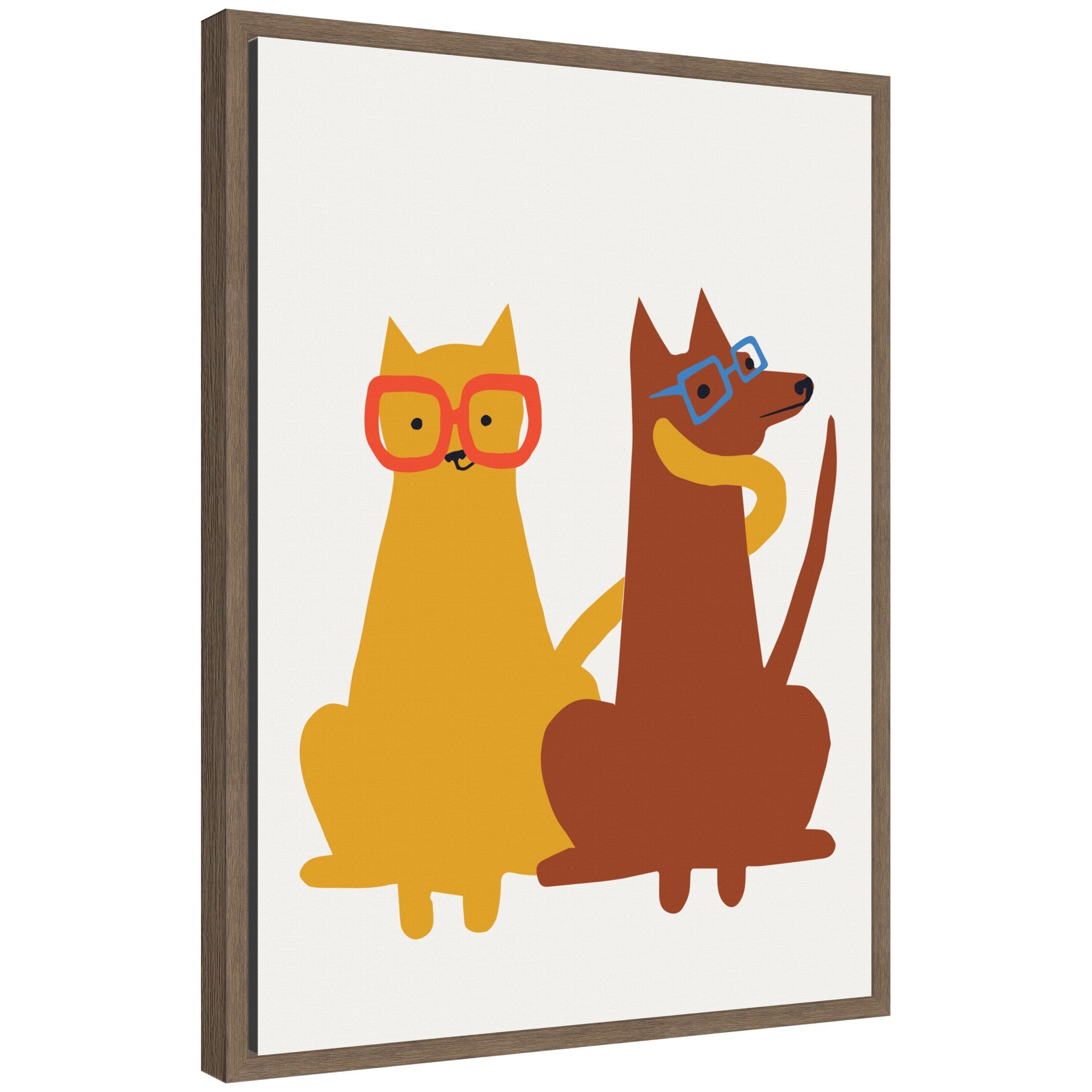 Sylvie Farm Cat Dog framed canvas art showing an illustrated cat and dog resting together