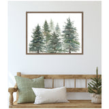 Framed watercolor artwork of a cluster of green pine and evergreen trees with varying shades of green, hanging above a wooden bench with green and white pillows and a small potted pine tree.