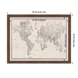 Framed vintage-style black and white world map printed on linen fabric with detailed countries and continents shown within a dark wood frame, labeled with inner and outer dimensions.