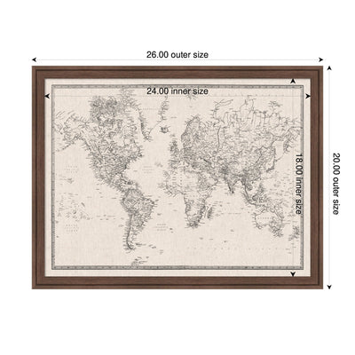 Framed Fabric Pinboard Vintage Black and White Linen World Map Wall Organization