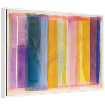 Sylvie Vibrant Lines I framed canvas art showing vibrant linear patterns in blues and reds with a floating black frame