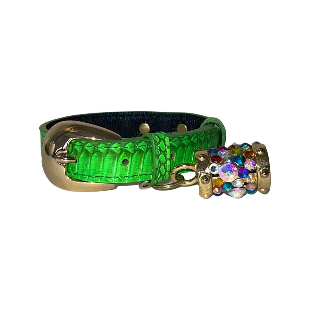 XS/S 7”-14” Neon Green Custom Snake Collar/Custom Gold Oval Italian