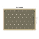 Rectangular tray with a green base decorated by evenly spaced small white botanical leaf motifs and framed by a light wooden border, showing outer and inner dimensions.