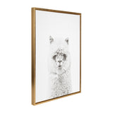 Framed canvas print of a detailed black-and-white alpaca portrait with fluffy hair and upright ears against a white background, in a thin golden frame.