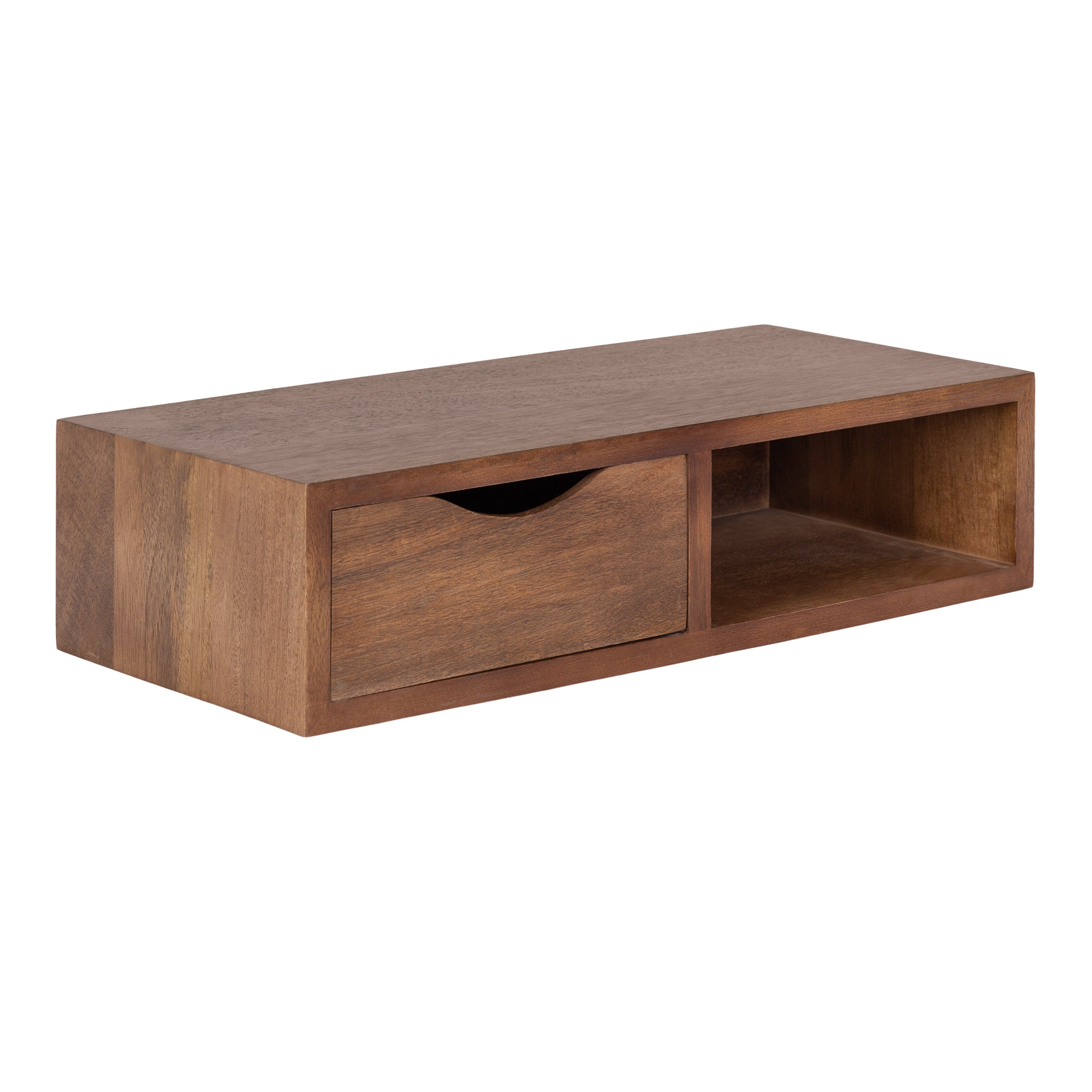 Hutton Floating Side Table with Drawer in walnut brown mounted on a wall