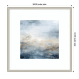 Square framed abstract artwork featuring blended shades of blue and gray with soft white and beige horizontal strokes creating a tranquil oceanic atmosphere.