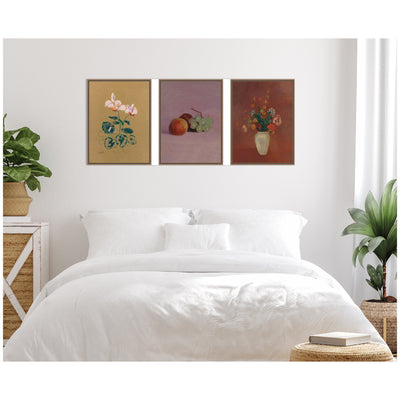 Cyclamen, Still Life with Fruit, & Bouquet in a Chinese Vase Odion Redon 3 Piece Framed Canvas Wall Art Set by Nostalgia Prints