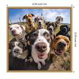 Eight dogs of various breeds and colors smiling closely together outdoors under a blue sky with wispy clouds, looking curiously at the camera.